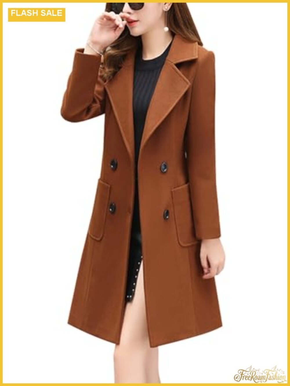 Women's Notched Collar Double Breasted Wool Blend Overcoat Knee Length